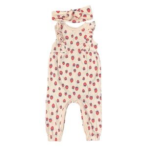 Cat & Jack Pink Sleeveless Ruffle Jumpsuit Strawberry Print Matching Headband